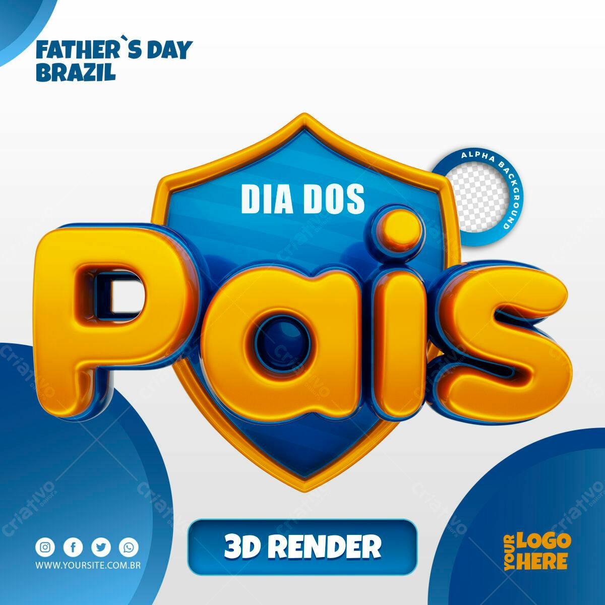 Selo 3D Dia dos Pais escudo azul e dourado