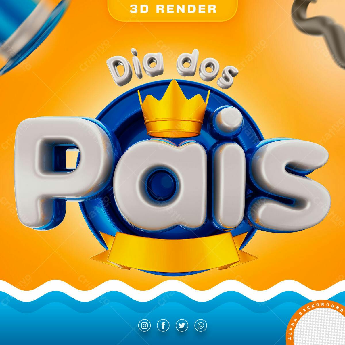 Selo 3D Dia dos Pais azul e dourado