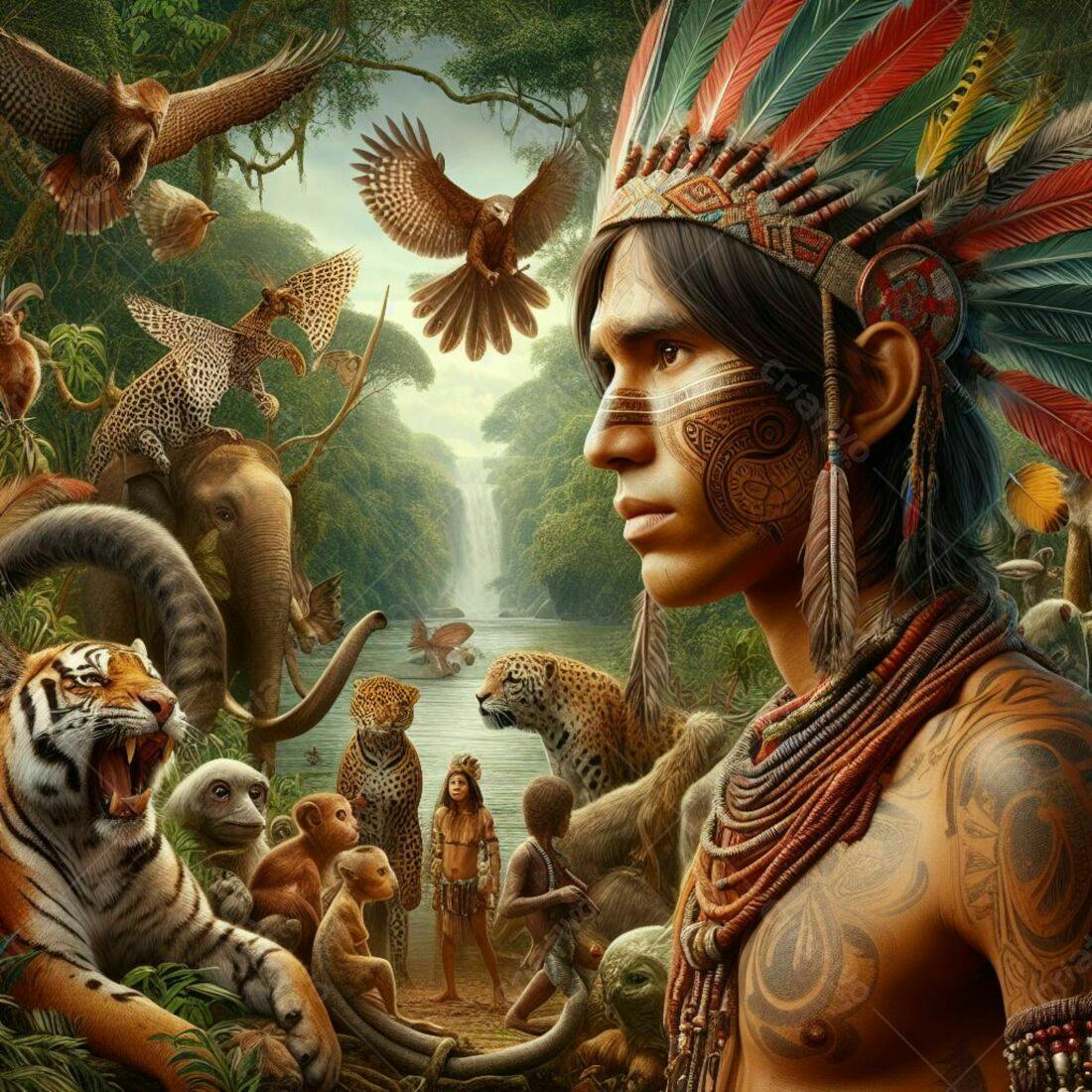 Indígena na Amazônia com animais selvagens
