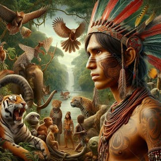 Composição de índio de índio gerado por i.a, em fundo de fauna da amazonica v.2