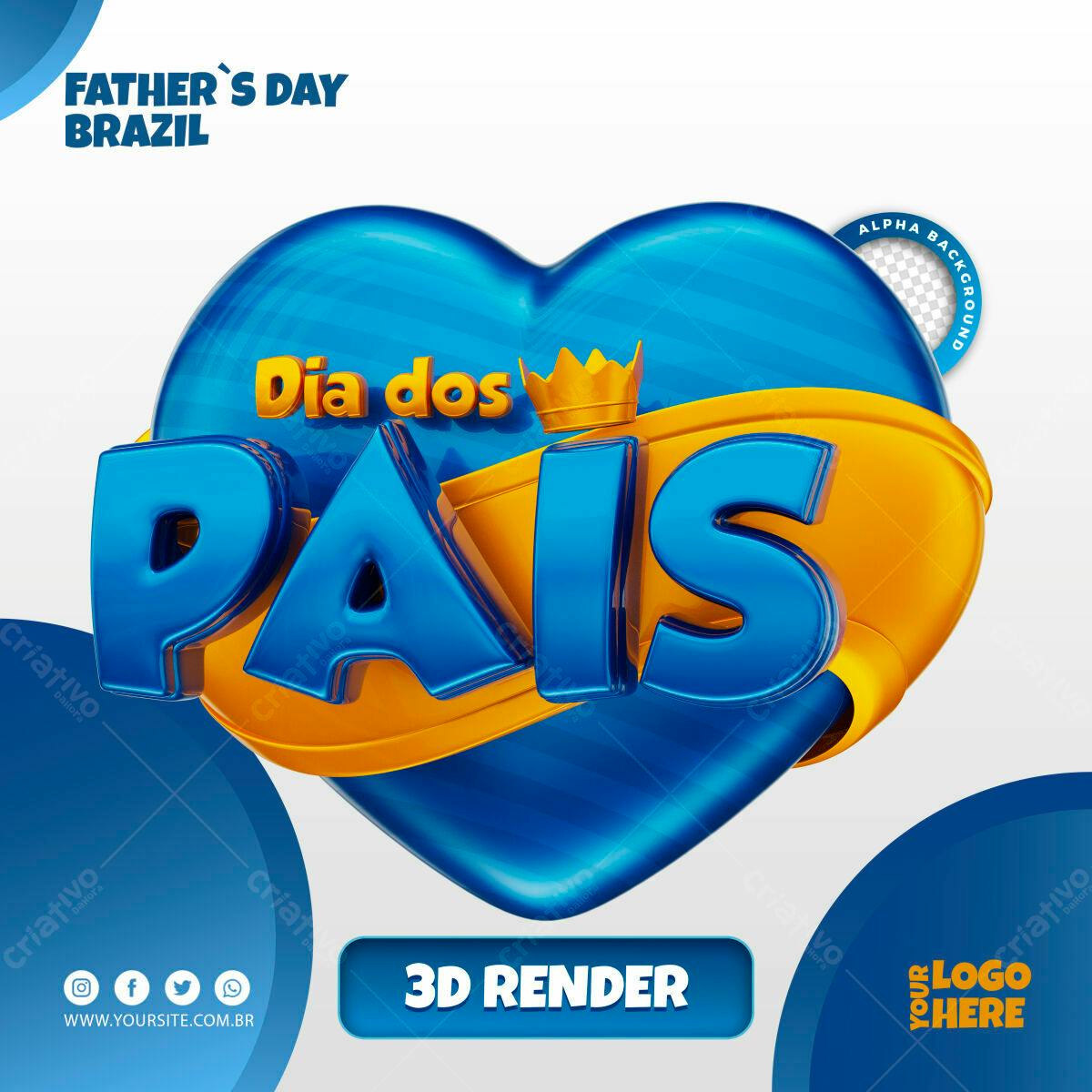 Selo 3D Dia dos Pais azul e dourado em formato de coração