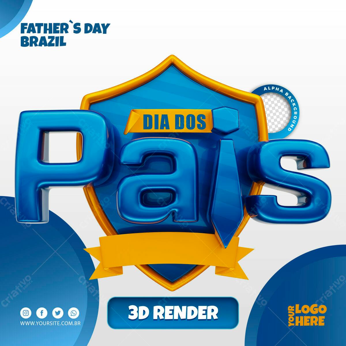 Selo 3D Dia dos Pais azul e dourado escudo