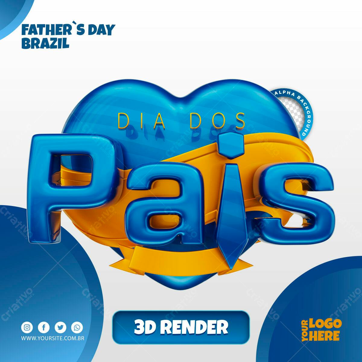 Selo 3D Dia dos Pais Azul e Dourado em Formato de Coração