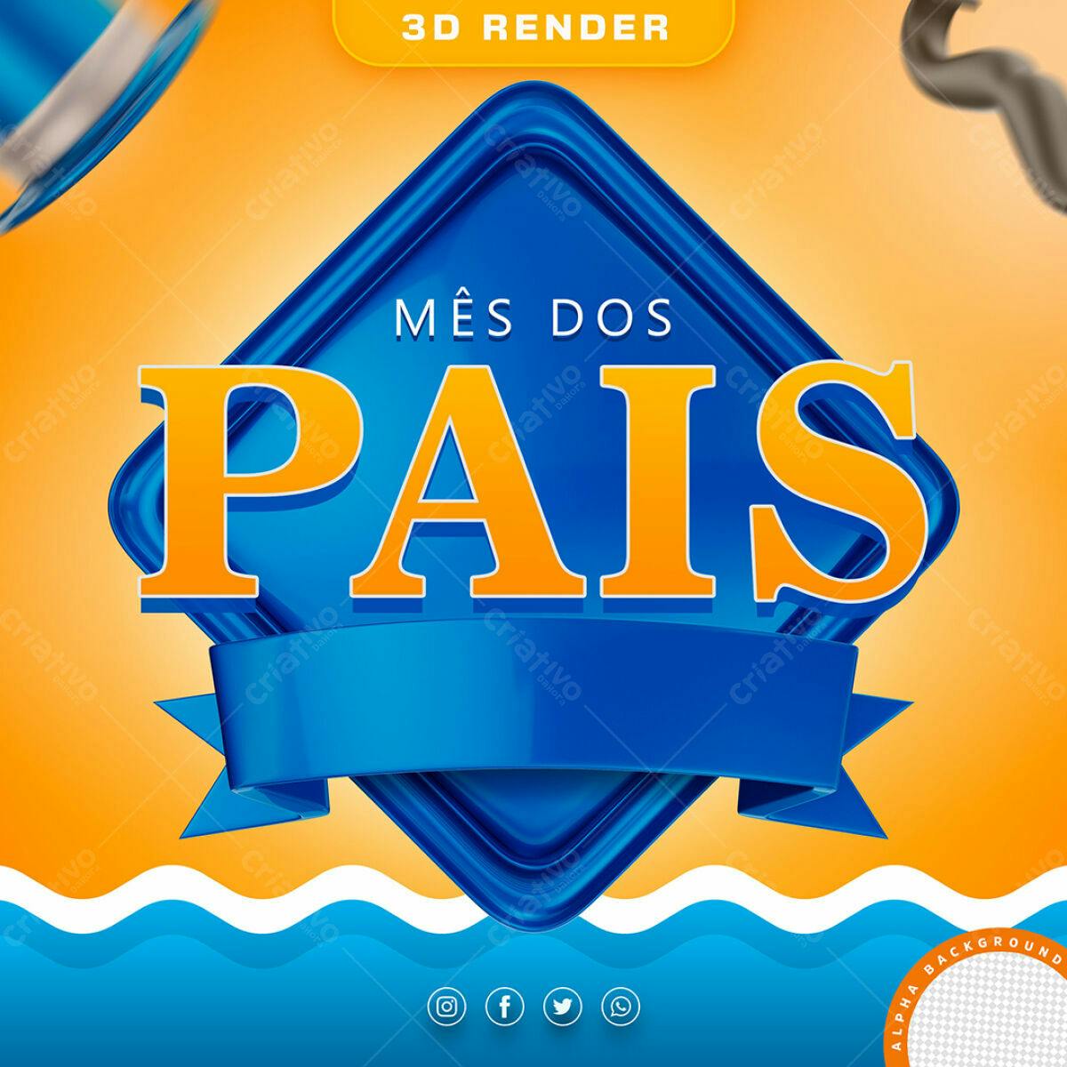 Selo 3D promocional azul e laranja para o Dia dos Pais