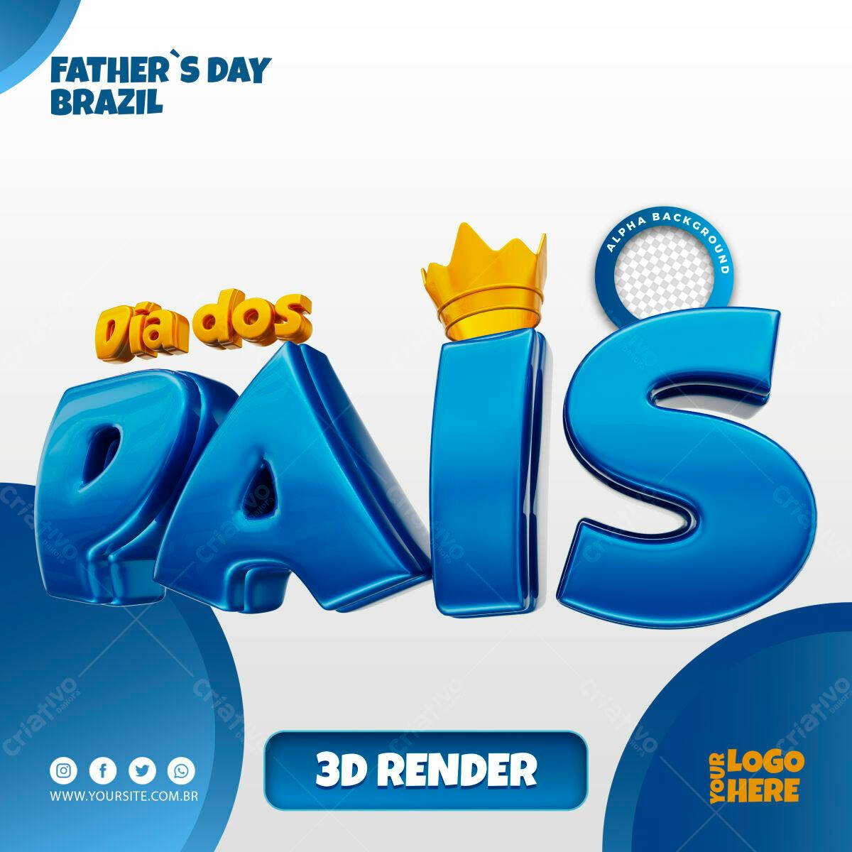 Selo 3D Dia dos Pais azul com coroa dourada