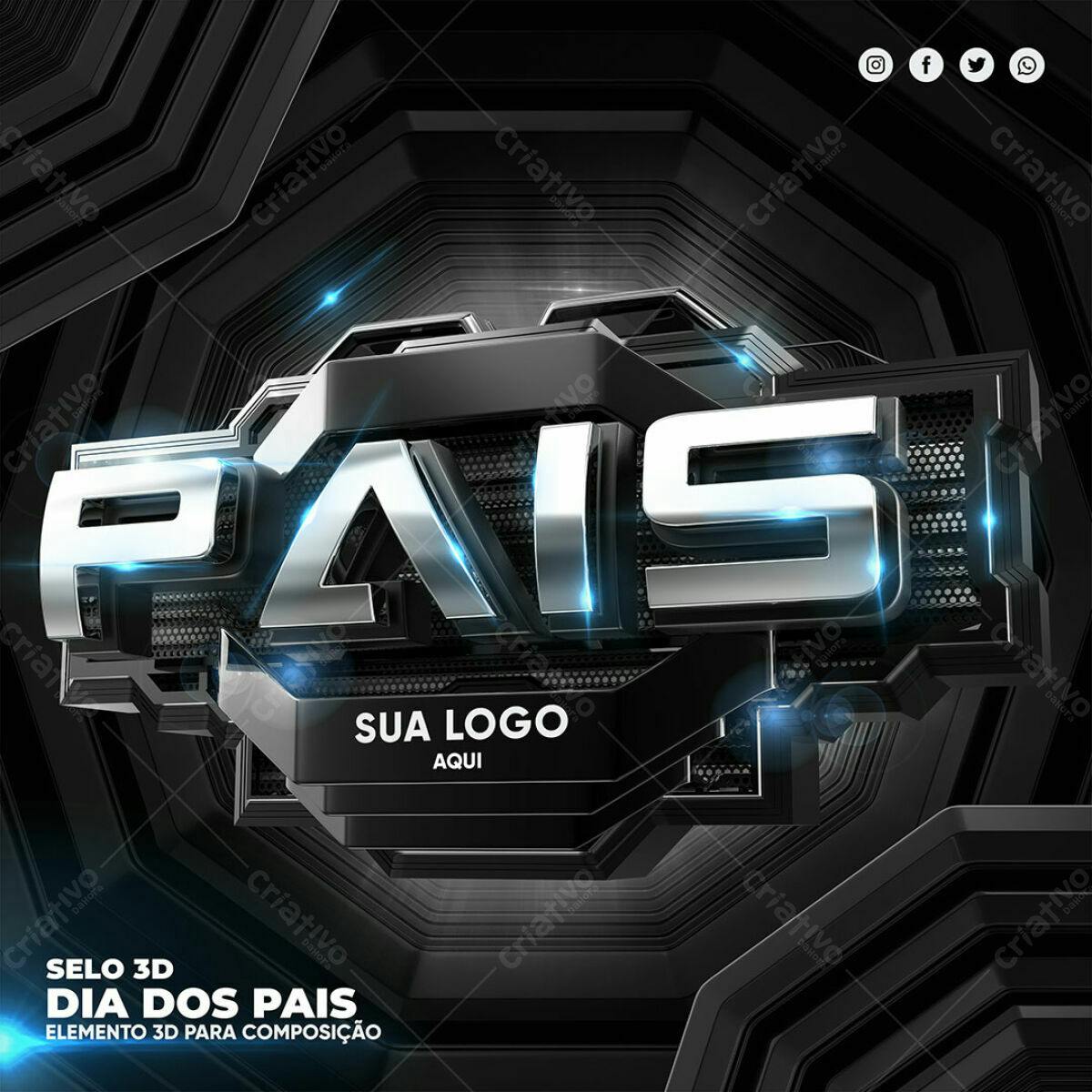 Selo 3D Dia dos Pais Metálico Prata e Preto