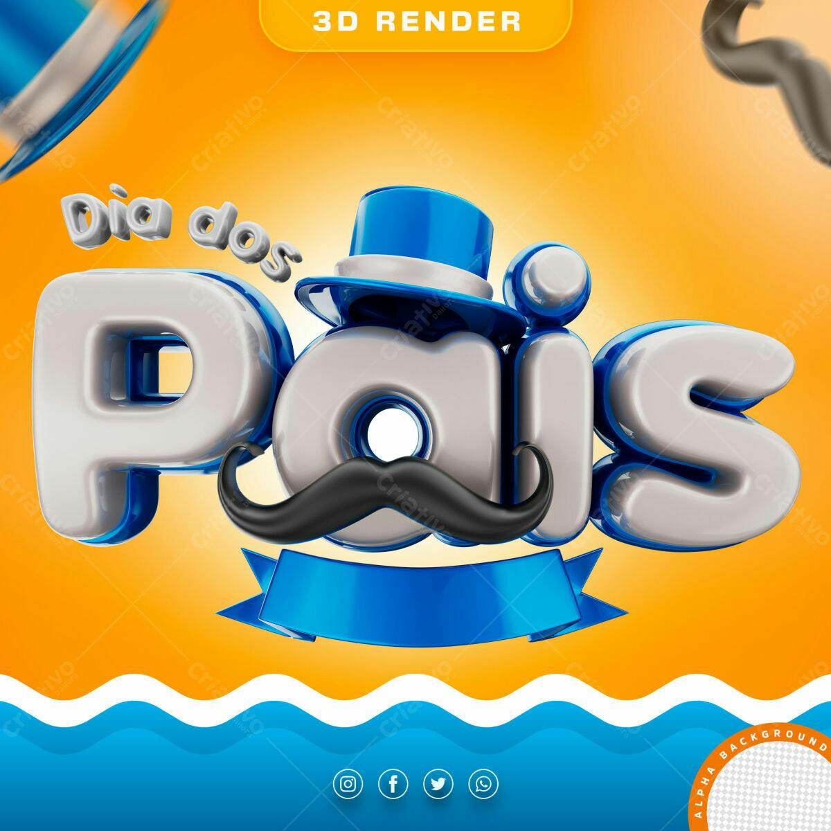 Selo 3D Dia dos Pais azul e cinza brilhante