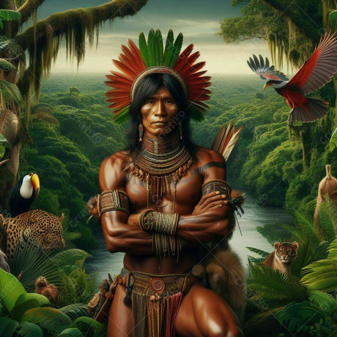 Indígena na Amazônia com adornos tradicionais