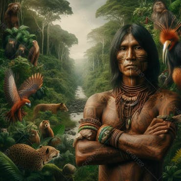 Composição de índio de índio gerado por i.a, em fundo de fauna da amazonica v.4
