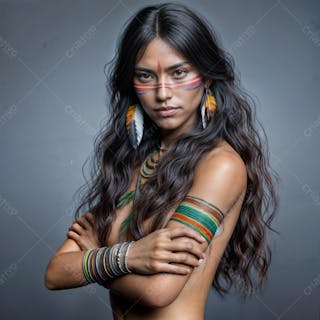 Composição de uma índigena do brasil, da tribo tupi guarani, realista, gerada por i.a em poser, em fundo cinza