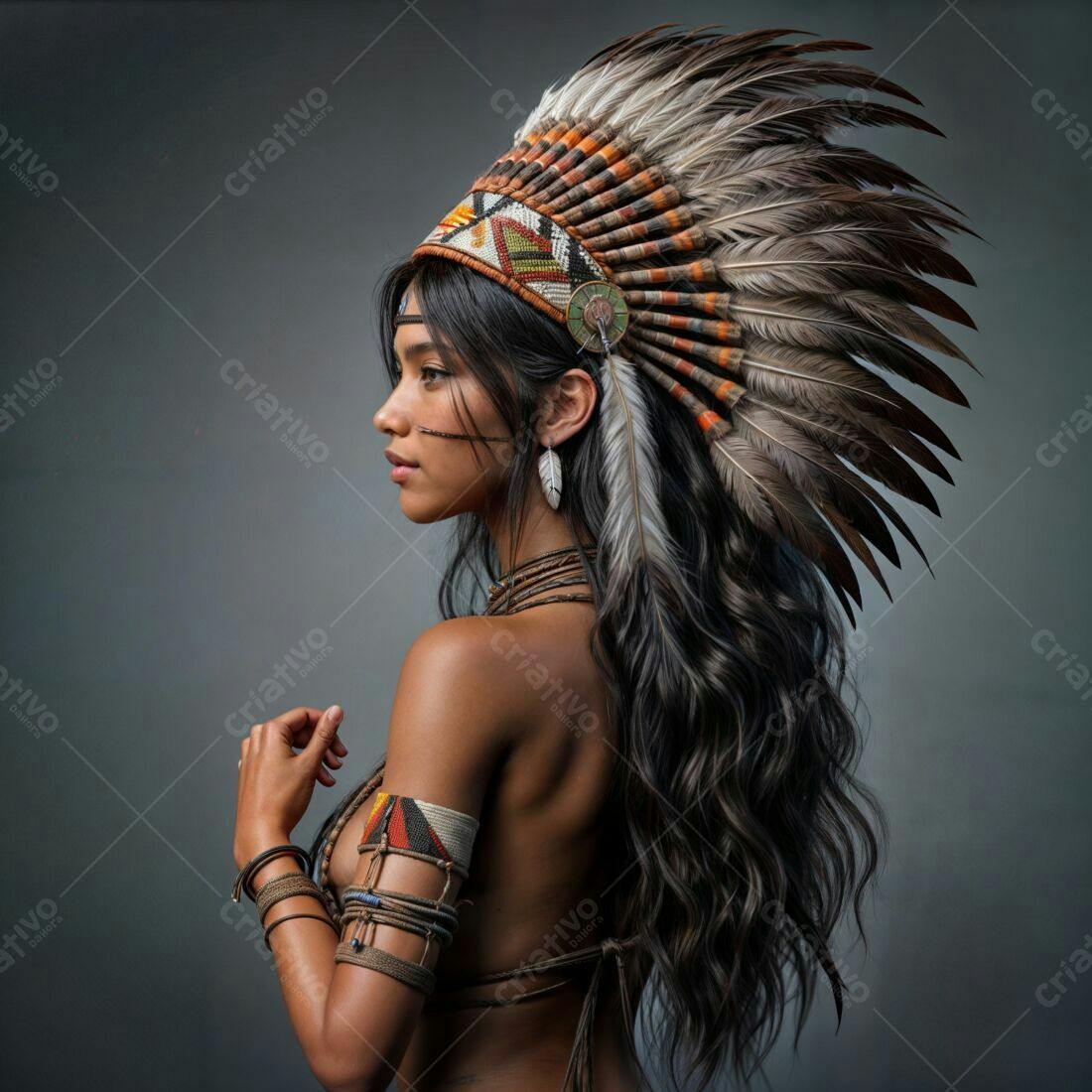 Mulher com Penacho de Pena Indígena