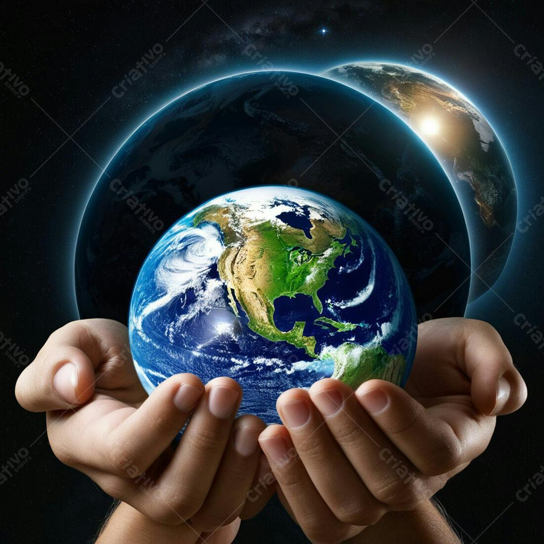 Mãos segurando o planeta Terra no espaço