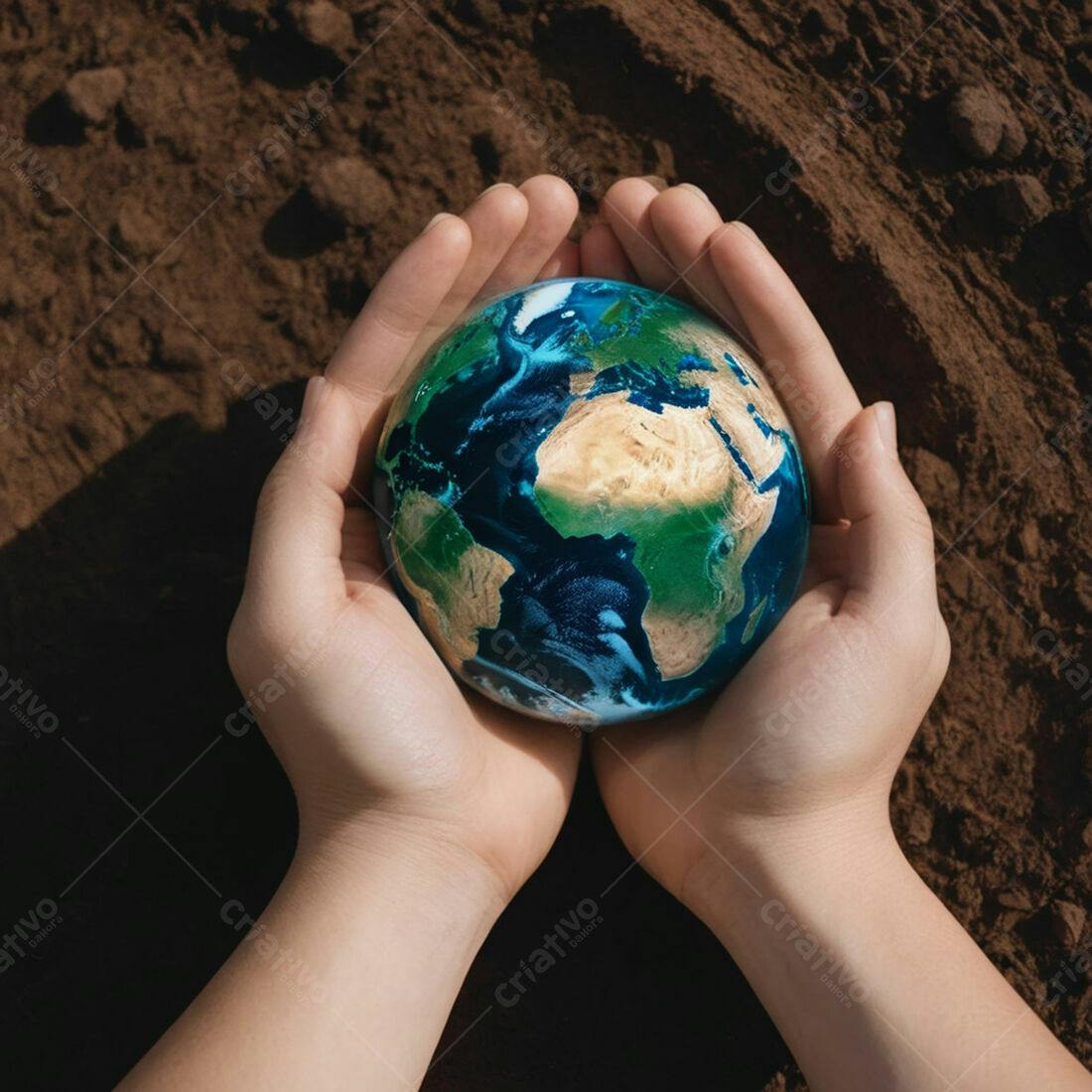 Mãos segurando o planeta Terra em solo marrom