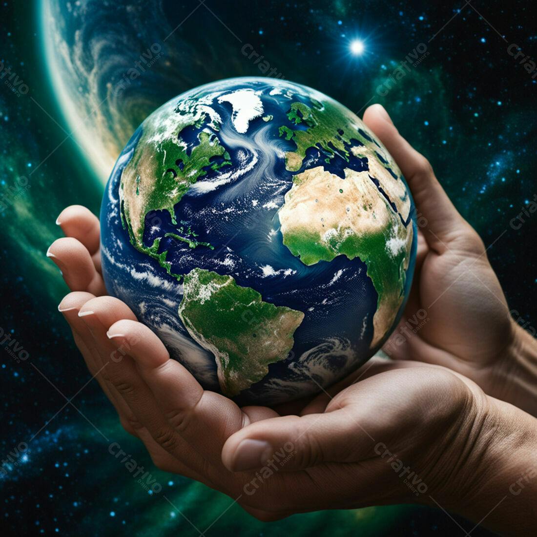 Mãos segurando o planeta Terra no espaço