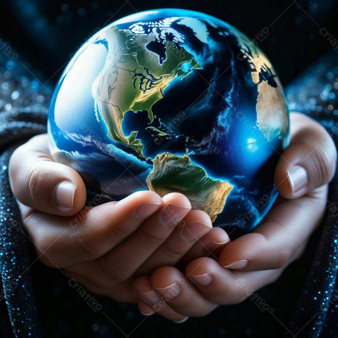 Mãos segurando globo terrestre azul e verde