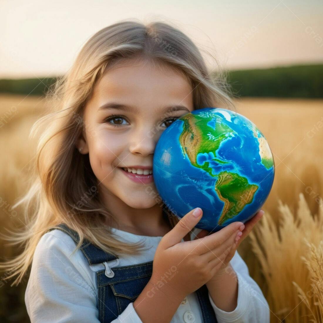 Menina sorridente com globo terrestre em campo de trigo