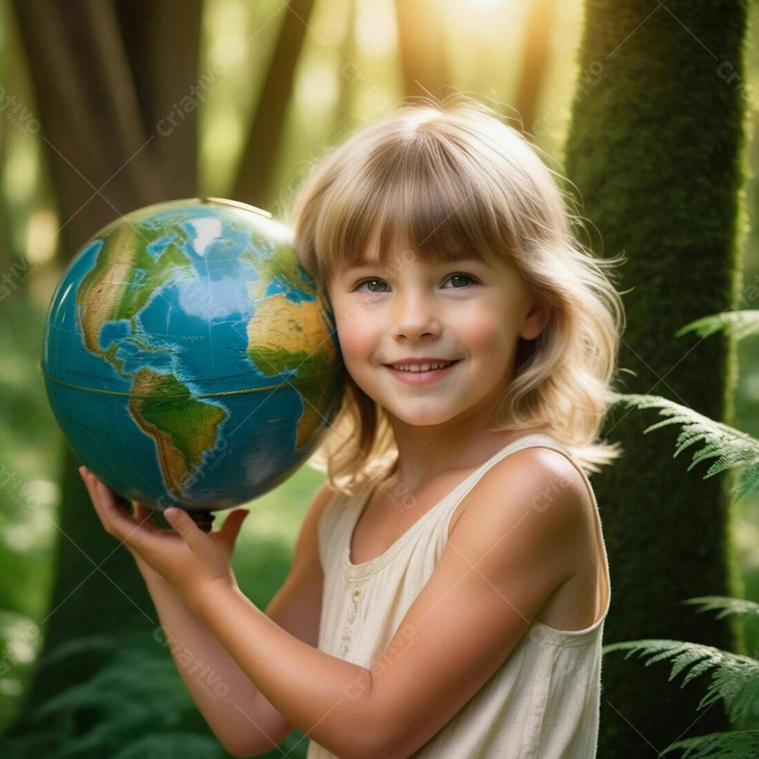 Menina segurando globo terrestre em floresta