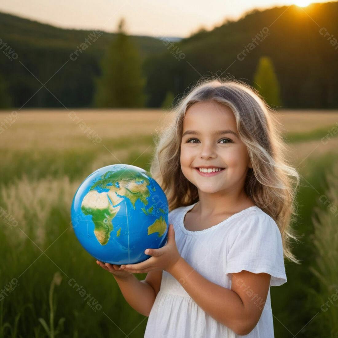 Menina sorrindo segurando globo terrestre ao entardecer