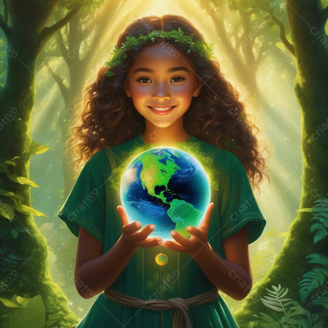 Menina segurando o planeta Terra em floresta verde