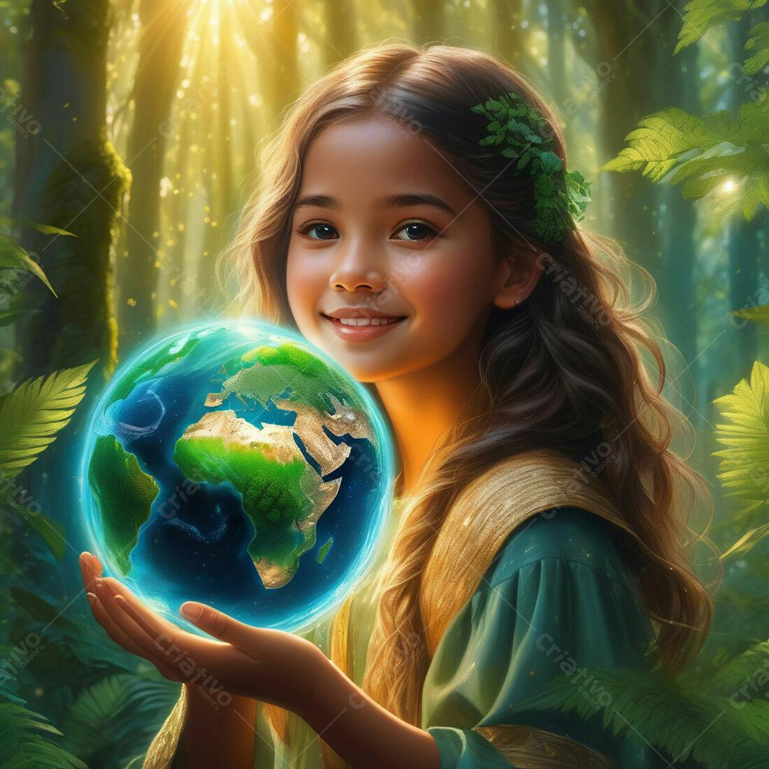 Menina sorrindo segurando o planeta Terra em floresta