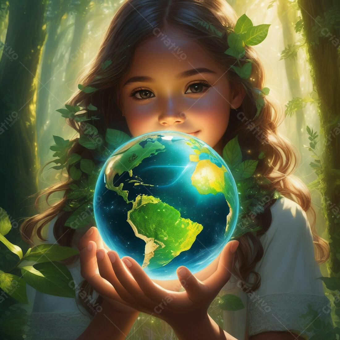 Menina segurando globo terrestre em floresta