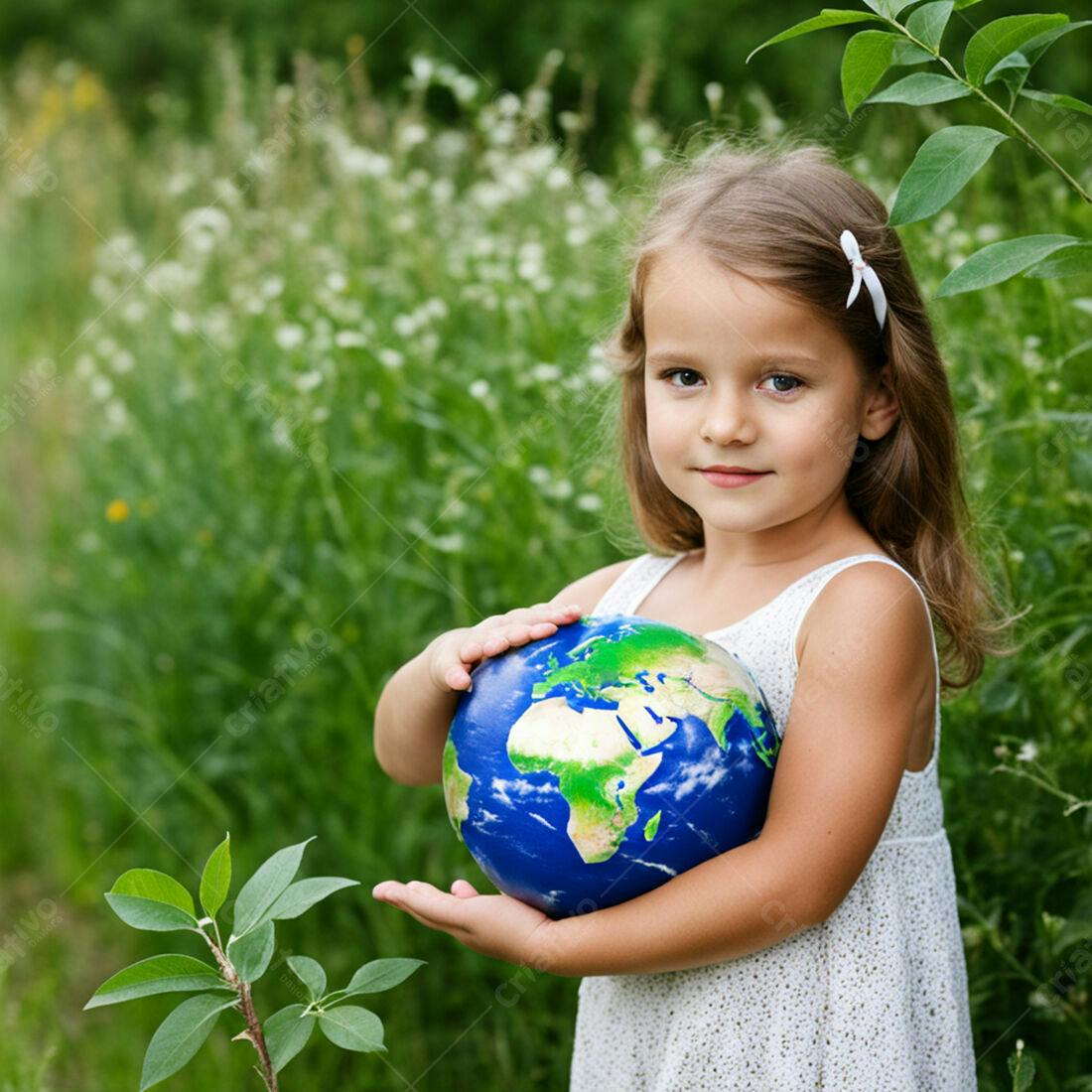 Menina segurando globo terrestre em jardim