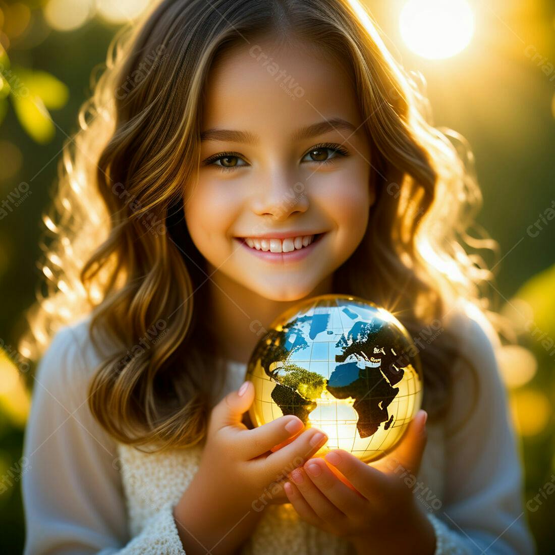 Menina sorrindo segurando globo terrestre ao entardecer