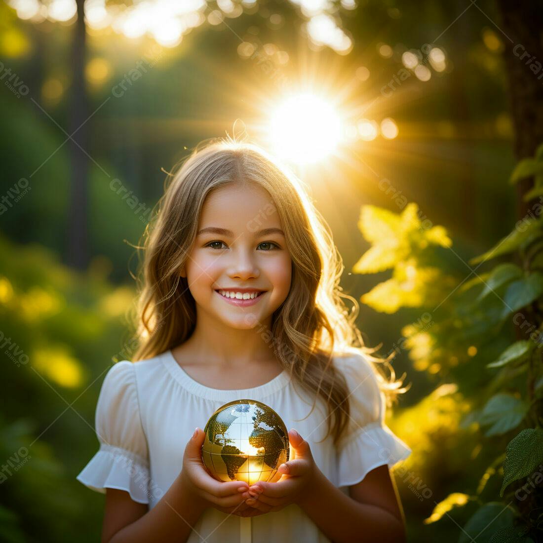 Menina sorridente segurando globo terrestre em parque ensolarado