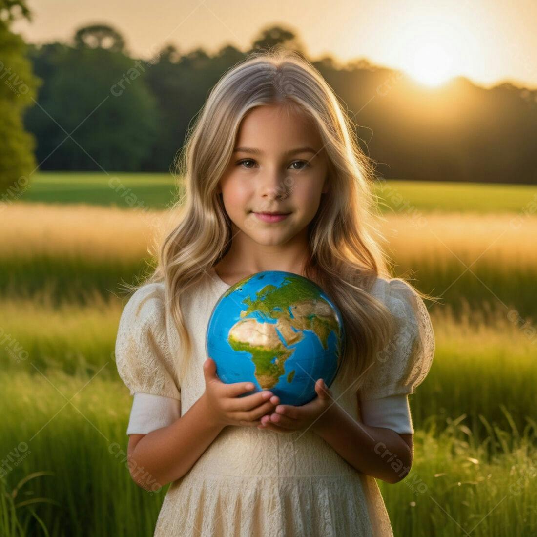 Menina segurando globo terrestre ao pôr do sol