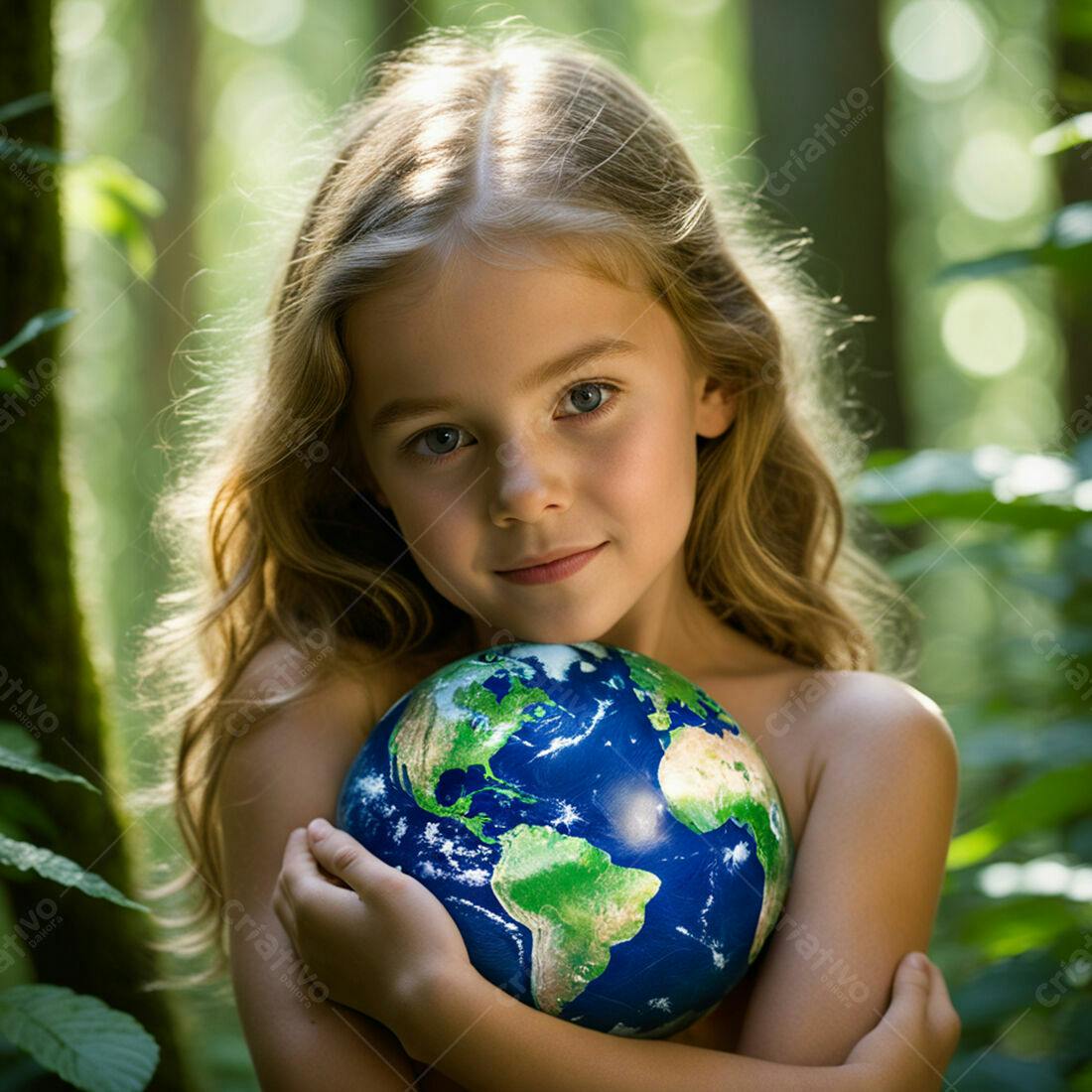 Menina abraçando globo terrestre em floresta