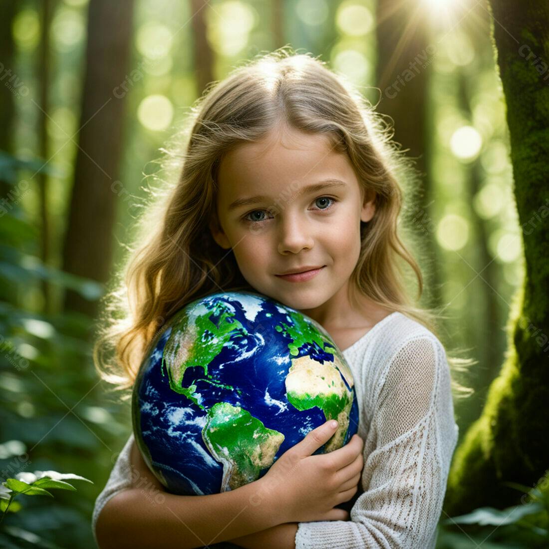Menina abraçando globo terrestre em floresta