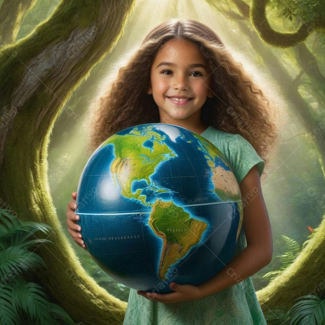 Menina segurando globo terrestre em floresta