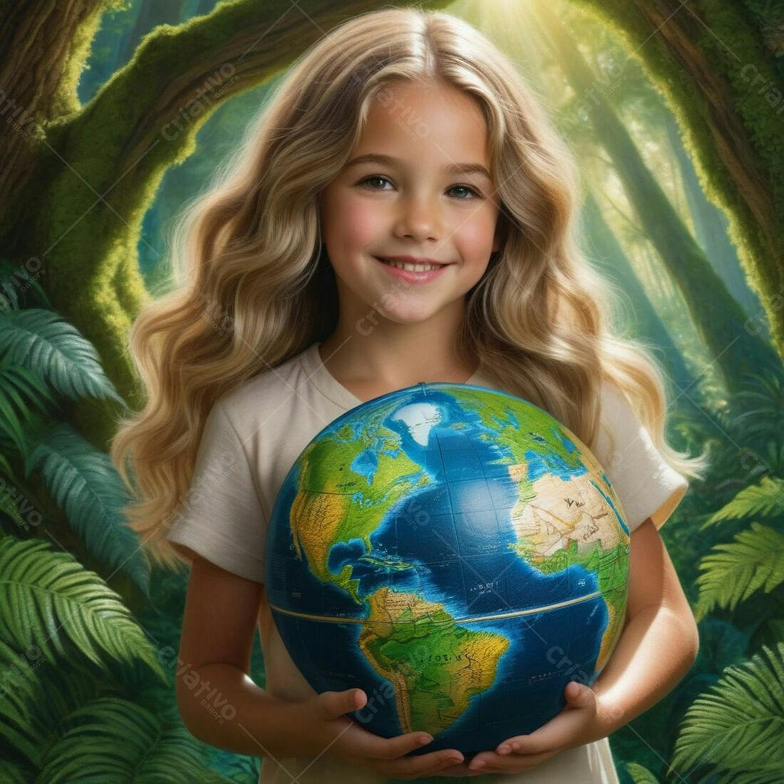 Menina segurando globo terrestre em floresta