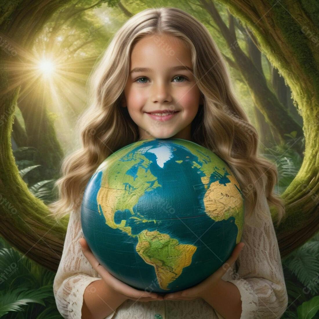 Menina sorridente segurando globo terrestre em floresta