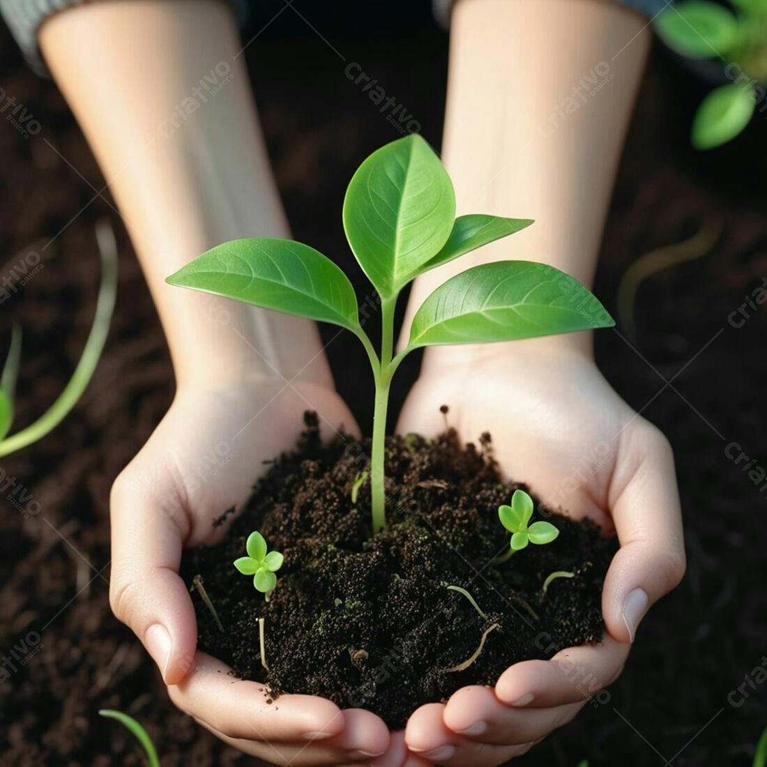 Mãos segurando muda de planta jovem