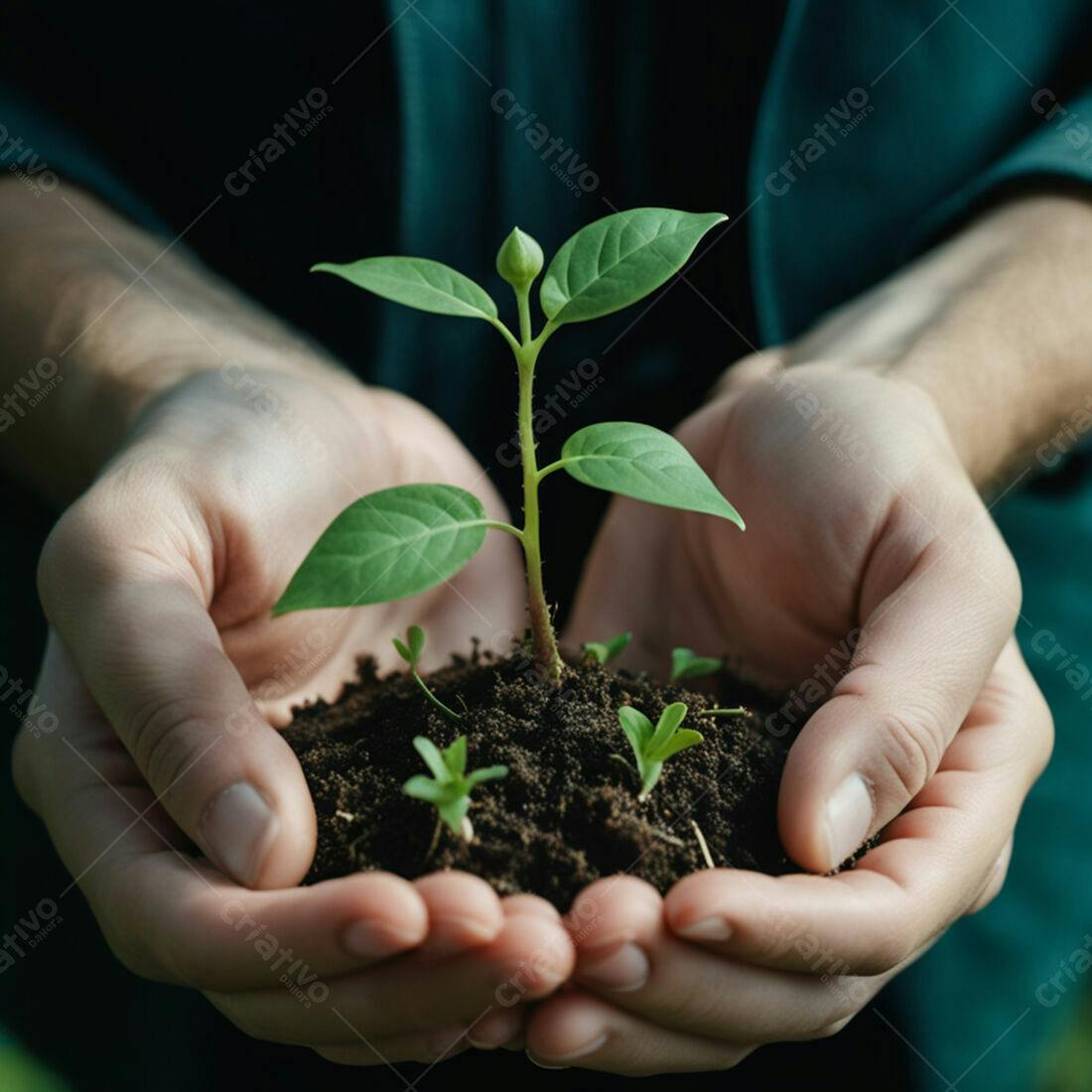 Mãos segurando muda de planta e terra