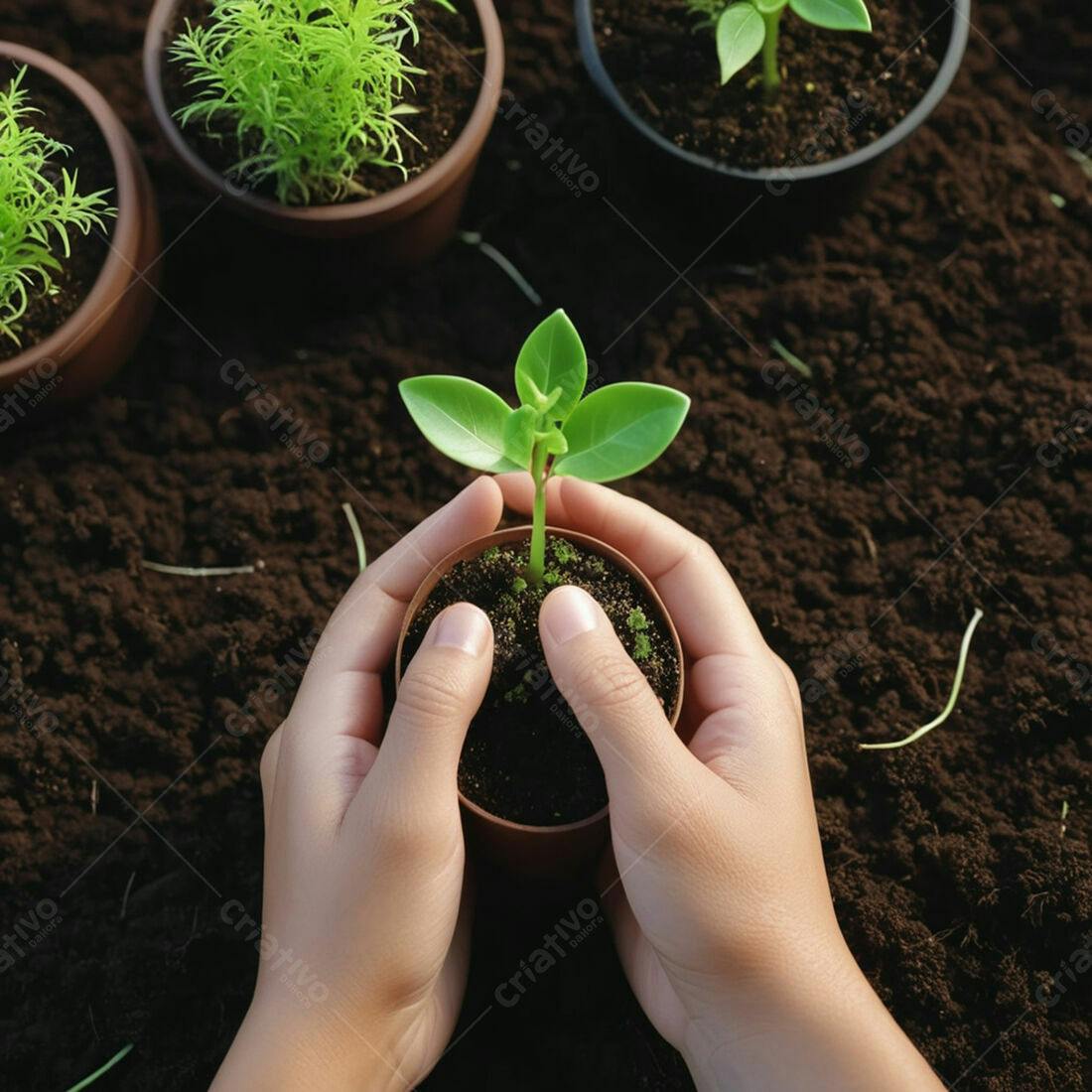 Mãos segurando muda de planta em vaso