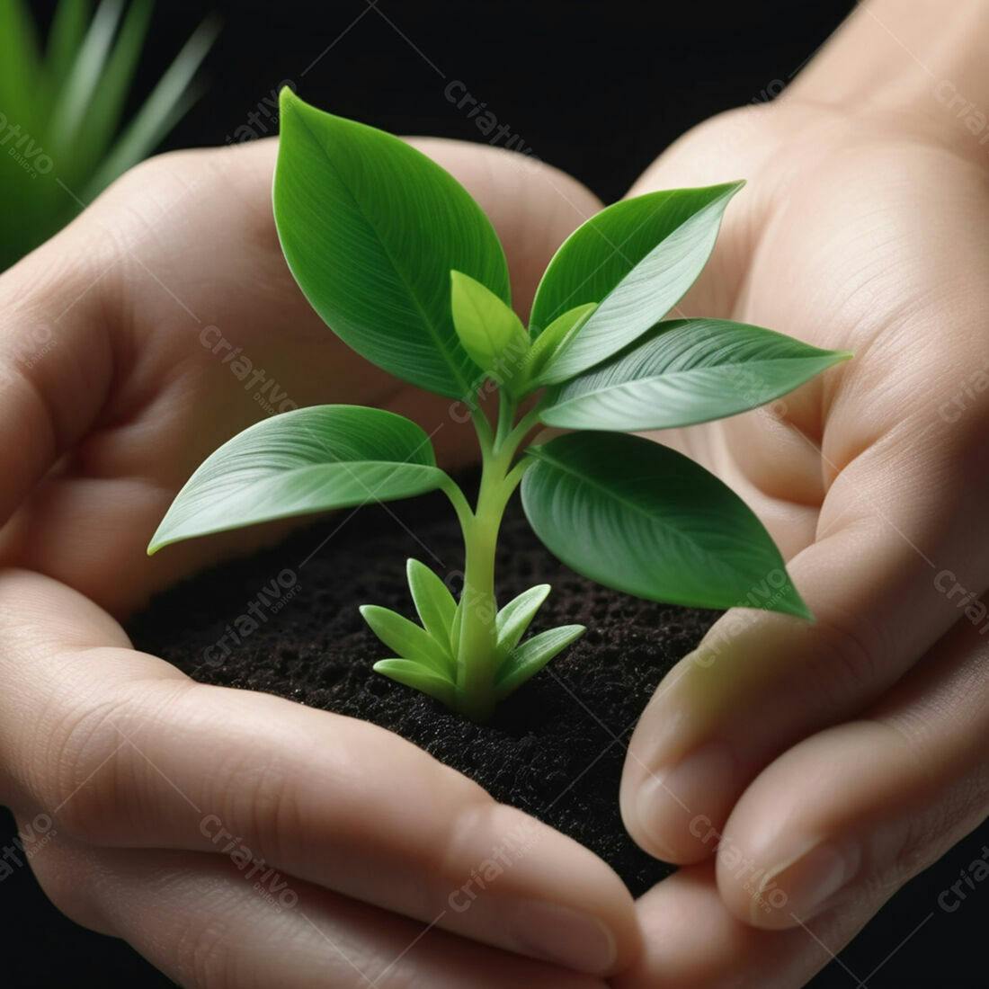 Mãos segurando muda de planta verde