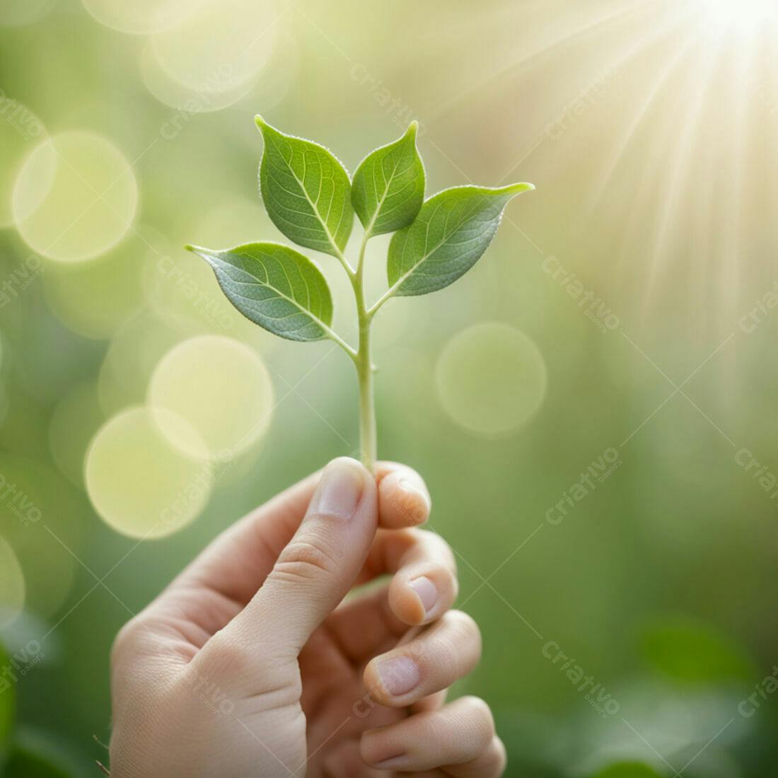Mão segurando broto verdejante ao sol