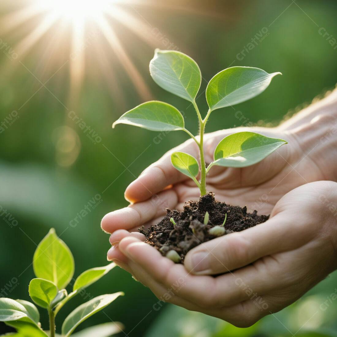 Mãos segurando muda de planta jovem