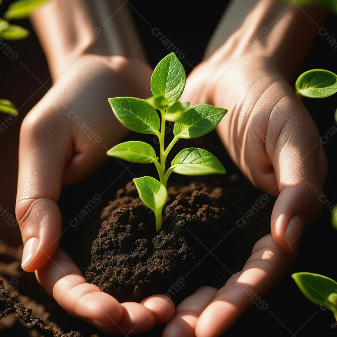 Mãos segurando muda de planta jovem