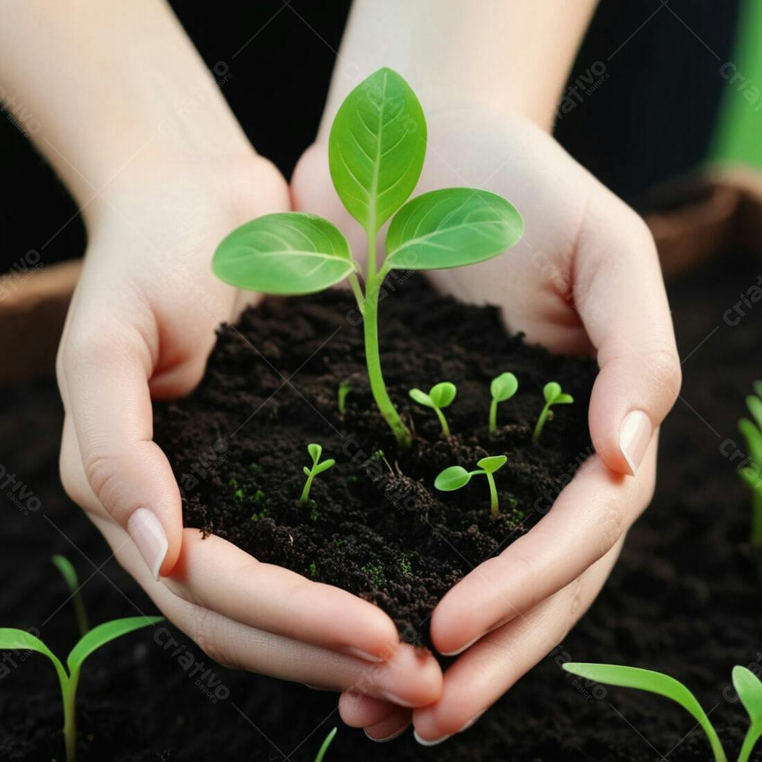 Mãos segurando planta e terra fértil