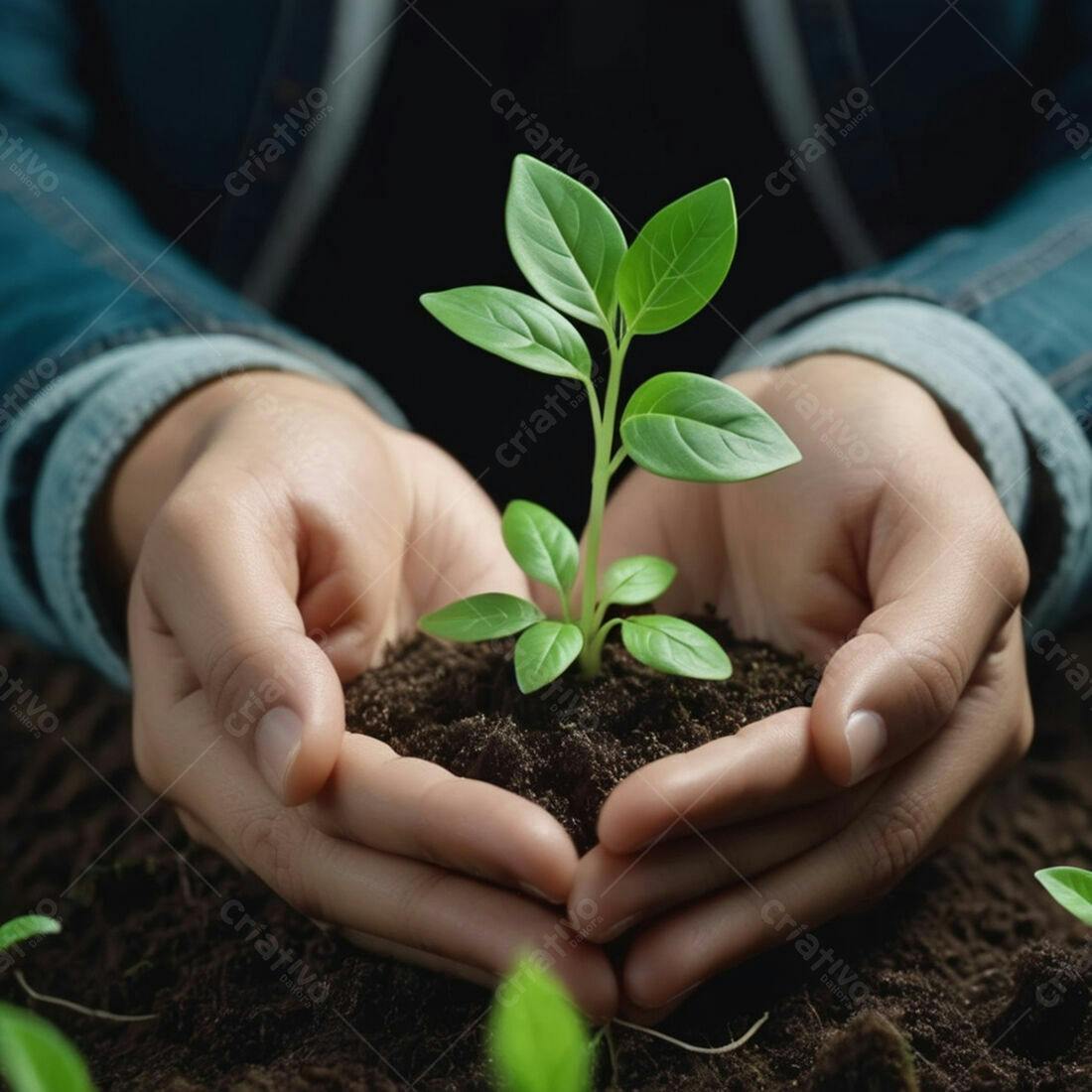 Mãos segurando muda de planta jovem