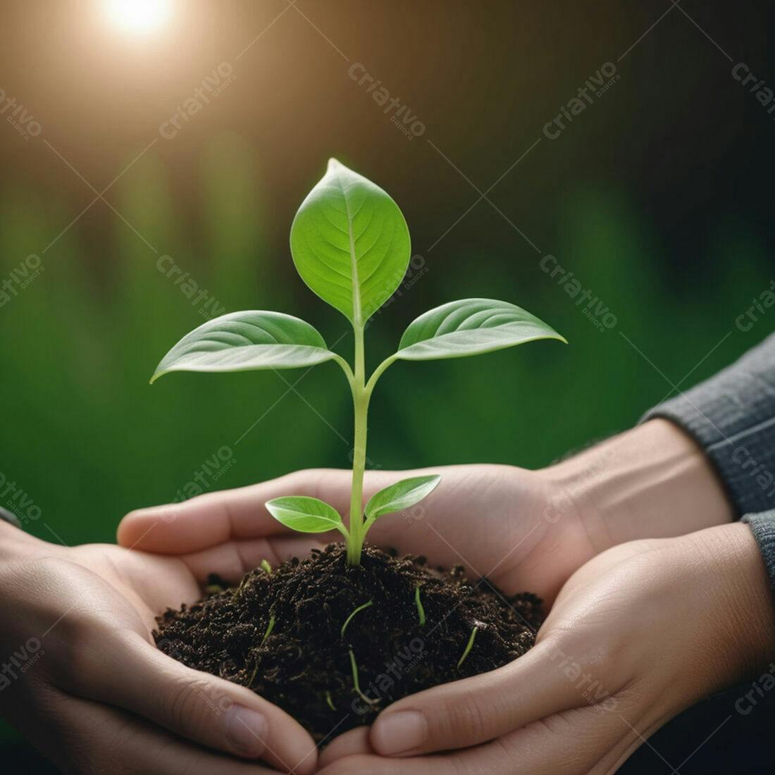 Mãos segurando muda de planta jovem