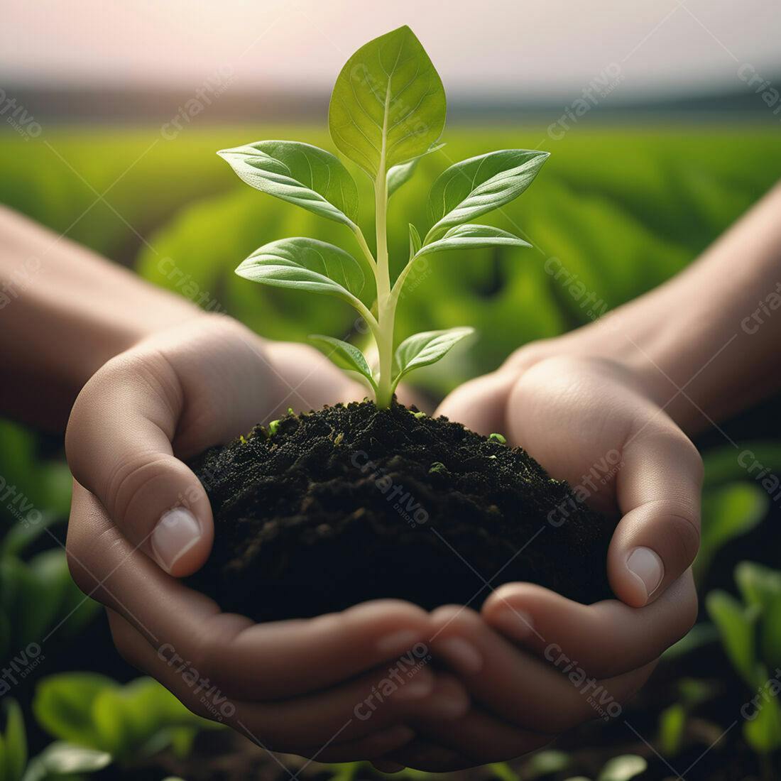 Mãos segurando muda de planta jovem