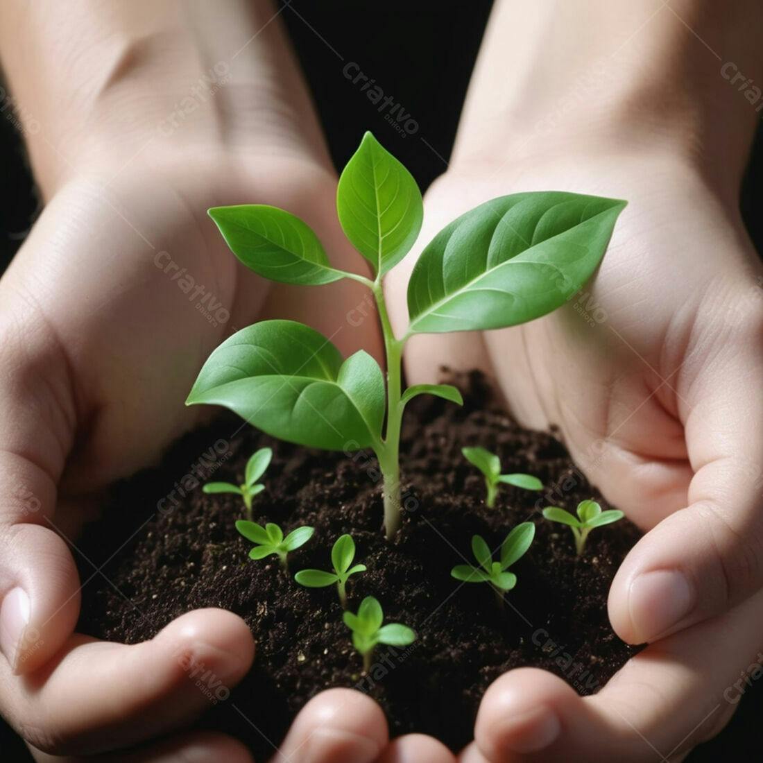 Mãos segurando planta e mudas