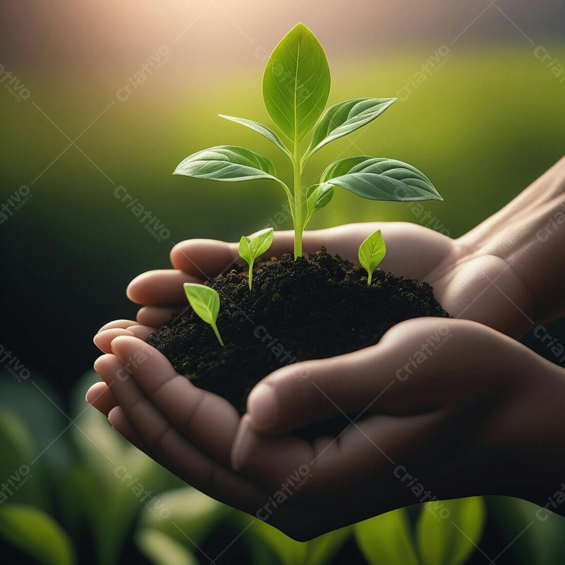 Mãos segurando mudas verdes em solo fértil