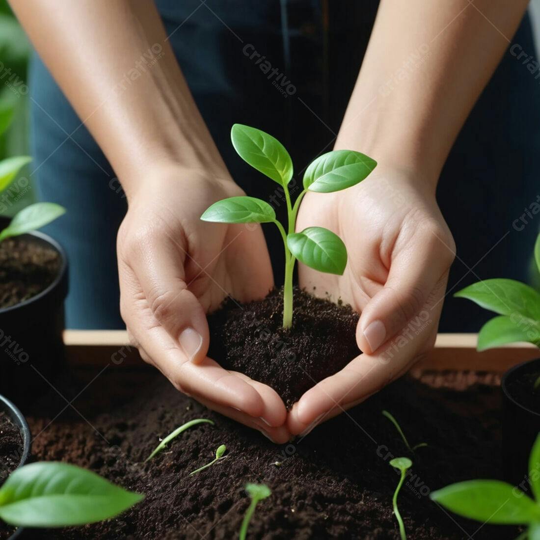 Mãos segurando muda de planta verde
