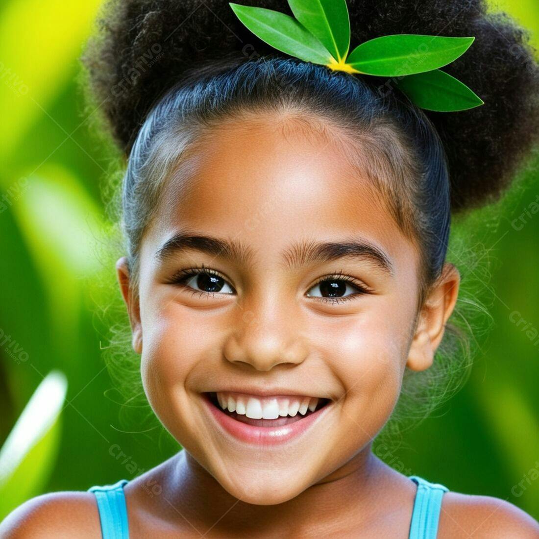 Menina sorridente com folhas verdes no cabelo