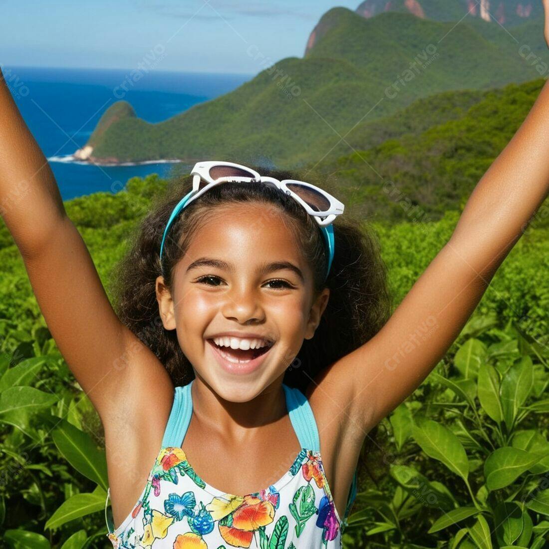 Menina feliz com braços abertos em paisagem tropical